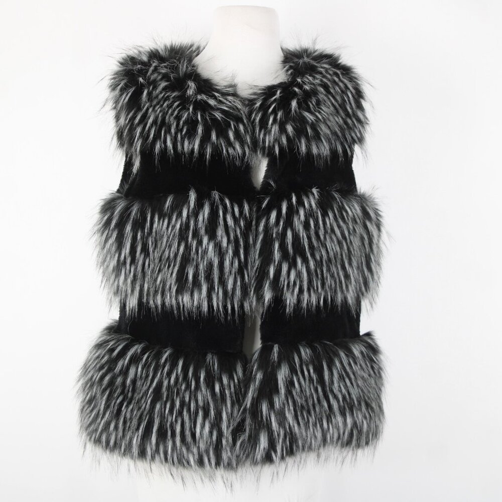 LaSeine Sz S Black Gray Faux Fur Lined Sleeveless Acrylic Polyester Vest